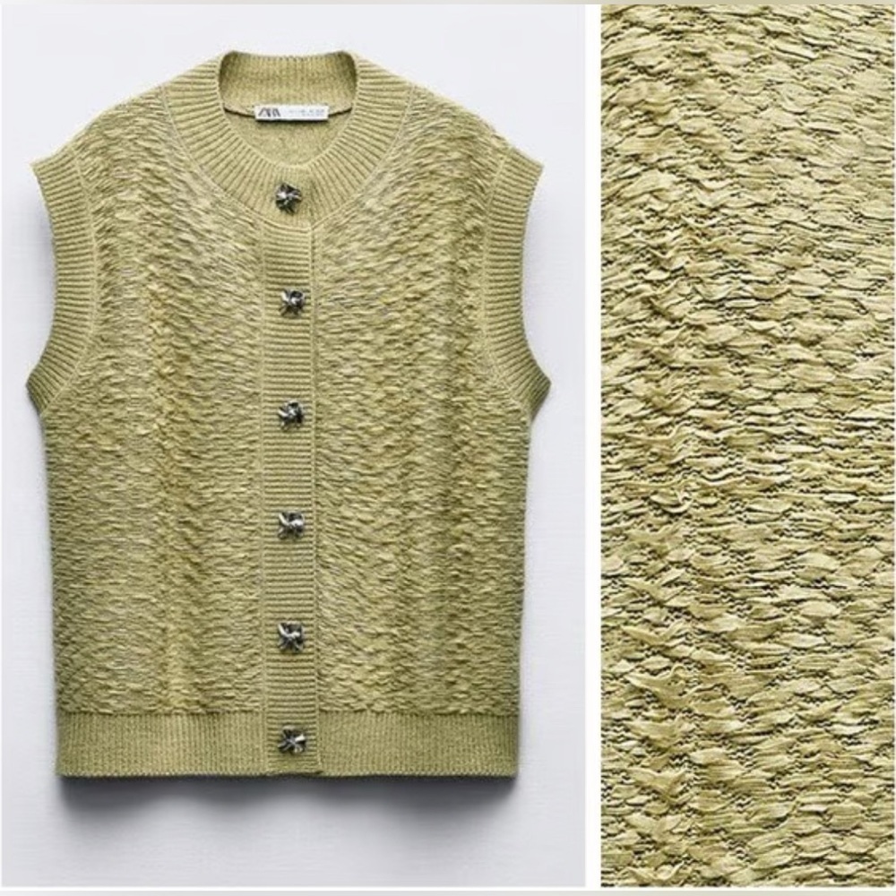 Zara Light Green Textured Knit Round Neck Vest
